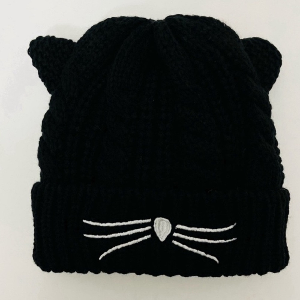 New Black Cat Embroidery Stretchy Knit Hat Beanie Cap Unisex One Size Fits Most - Picture 3 of 6